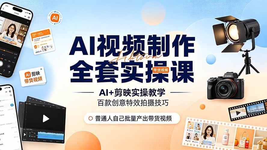 （19200期）AI视频制作全套实操课，多款AI工具搭配剪映教学，百种特效运镜拍摄实操，抖音账号带货运营全覆盖-易创网