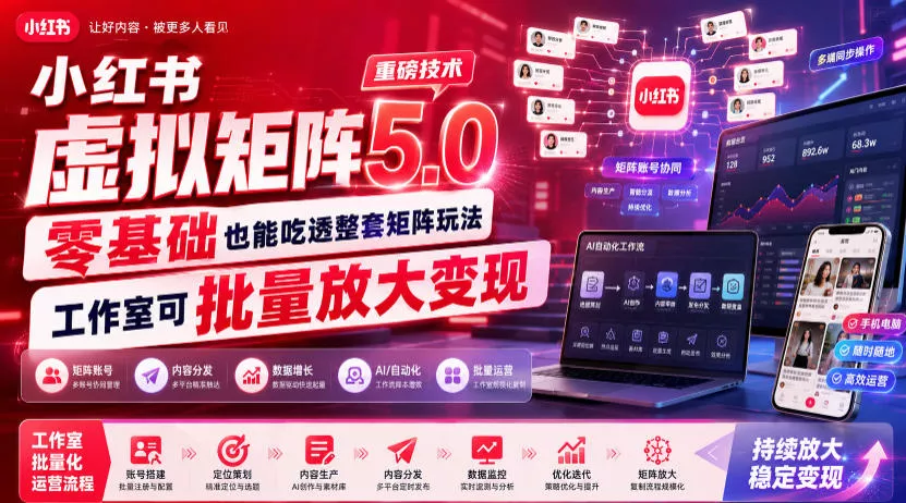 小红书虚拟矩阵5.0重磅技术，零基础也能吃透整套矩阵玩法，工作室可批量放大变现-易创网