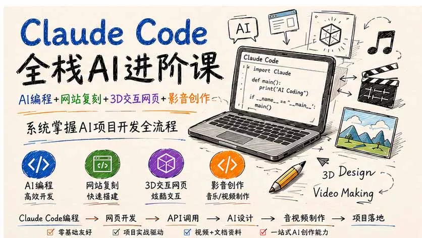 Claude Code全栈AI进阶课；AI编程+网站复刻+3D交互网页+影音创作，系统掌握AI项目开发全流程-易创网