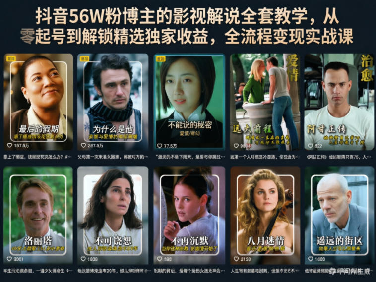 抖音56W粉博主的影视解说全套教学，从零起号到解锁精选独家收益，全流程变现实战课-易创网