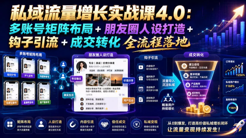 私域流量增长实战课4.0：多账号矩阵布局+朋友圈人设打造+钩子引流+成交转化全流程落地-易创网