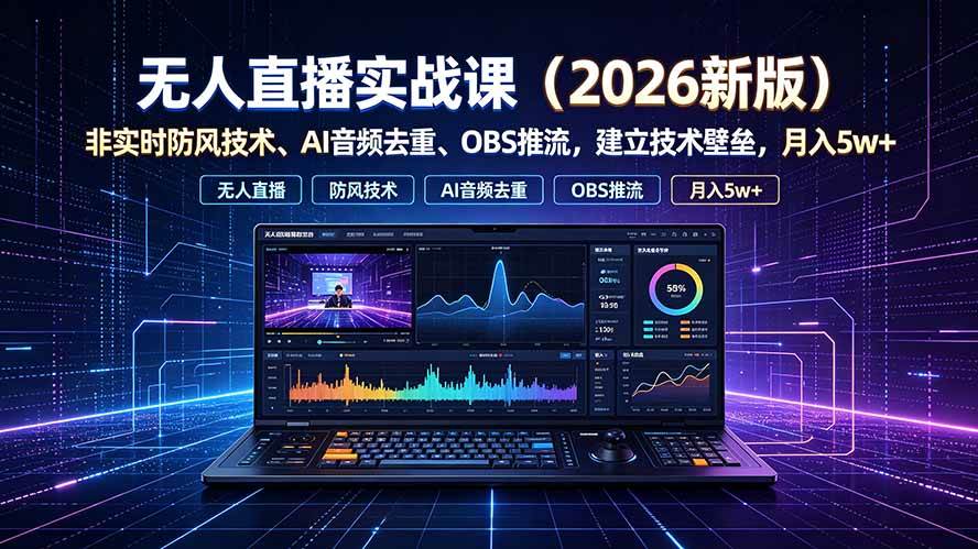 （19292期）无人直播实战课（更新7月），非实时防风技术、AI音频去重、OBS推流，建立技术壁垒，月入5w+-易创网