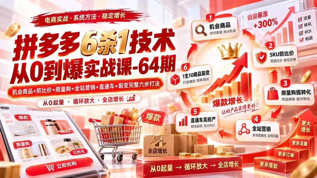 （20315期）拼多多6杀1技术从0到爆实战课-64期：机会商品+防比价+限量购+全站营销+直通车+裂变完整六步打法-易创网