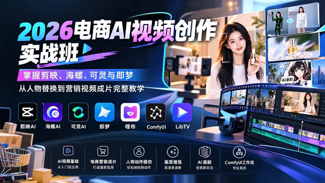 （20466期）2026电商AI视频创作实战班：掌握剪映、海螺、可灵与即梦，从人物替换到营销视频成片完整教学-易创网