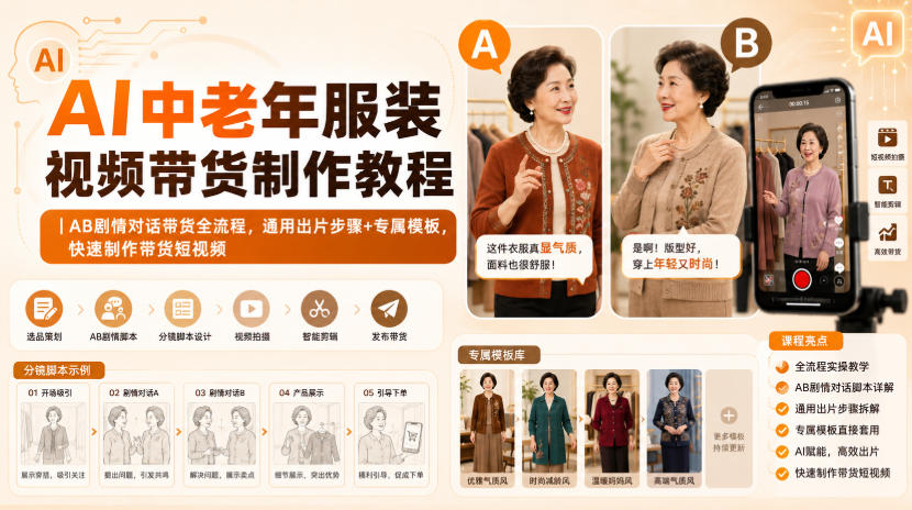AI中老年服装视频带货制作教程｜AB剧情对话带货全流程，通用出片步骤+专属模板，快速制作带货短视频-易创网