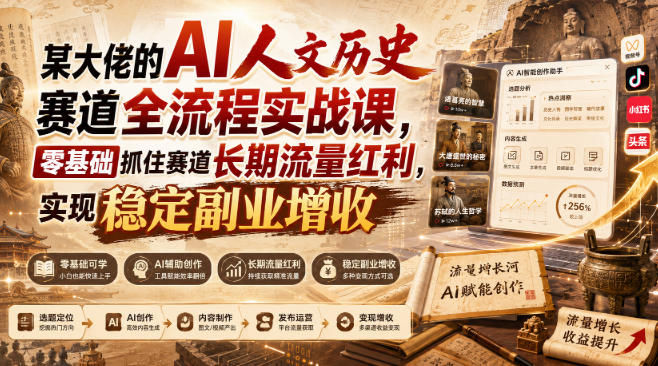 某大佬的AI人文历史赛道全流程实战课，零基础抓住赛道长期流量红利，实现稳定副业增收-易创网