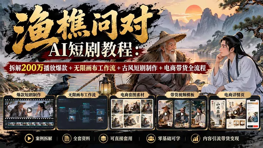 【无水印】渔樵问对AI短剧教程：拆解200万播放爆款+无限画布工作流+古风短剧制作+电商带货全流程-易创网