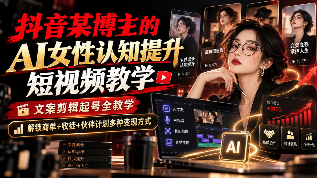 抖音某博主的Ai女性认知提升短视频教学，文案剪辑起号全教学，解锁商单+收徒+伙伴计划多种变现方式-易创网