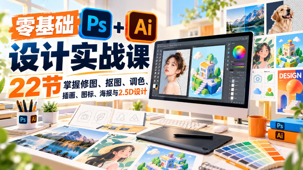 【无水印】零基础PS+AI设计实战课｜22节掌握修图、抠图、调色、插画、图标、海报与2.5D设计-易创网