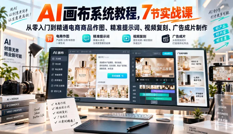 AI画布系统教程，7节实战课从零入门到精通电商商品作图、精准提示词、视频复刻、广告成片制作-易创网