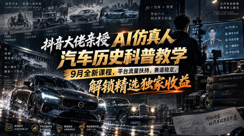 抖音大佬亲授AI仿真人汽车历史科普教学，9月全新课程，平台流量扶持，赛道稳定，解锁精选独家收益-易创网