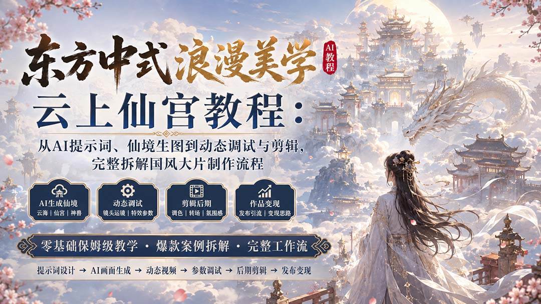 （20147期）东方中式浪漫美学云上仙宫教程：从AI提示词、仙境生图到动态调试与剪辑，完整拆解国风大片制作流程-易创网
