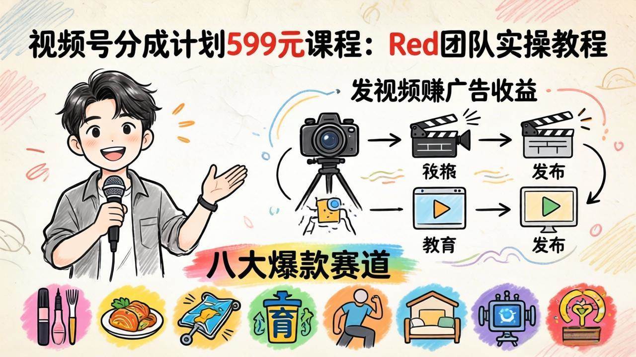 （18088期）视频号分成计划599元课程：Red团队实操教程，发视频赚广告收益，八大爆款赛道全掌握-易创网