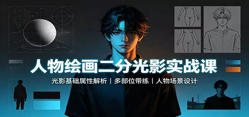 人物绘画二分光影实战课：光影基础属性解析，多部位带练，人物场景设计-易创网