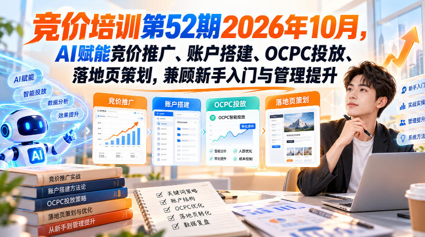 【无水印】竞价培训第52期2026年10月，AI赋能竞价推广、账户搭建、OCPC投放、落地页策划，兼顾新手入门与管理提升-易创网