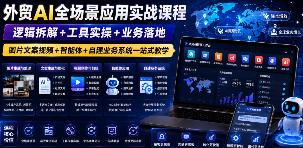 外贸AI全场景应用实战课程｜逻辑拆解+工具实操+业务落地，图片文案视频+智能体+自建业务系统一站式教学-易创网