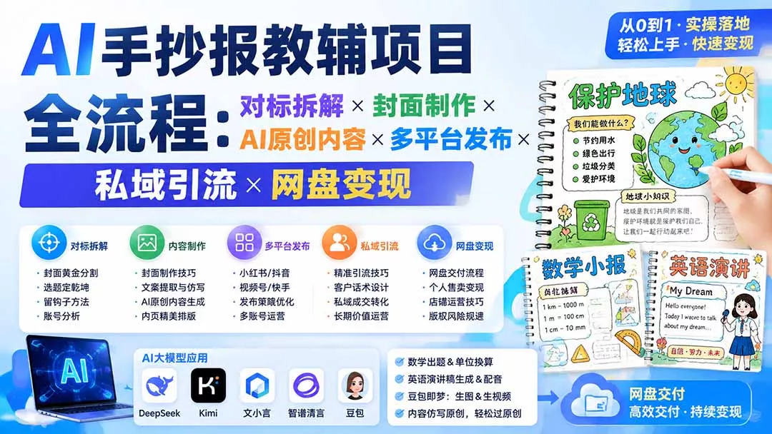 AI手抄报教辅项目全流程：对标拆解×封面制作×AI原创内容×多平台发布×私域引流×网盘变现-易创网