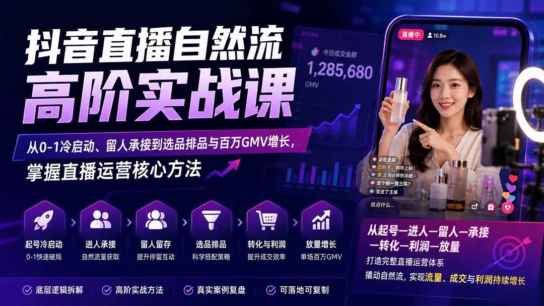 （20058期）抖音直播自然流高阶实战课：从0-1冷启动、留人承接到选品排品与百万GMV增长，掌握直播运营核心方法