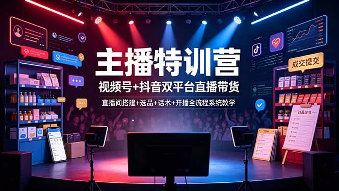 主播特训营：视频号+抖音双平台直播带货，直播间搭建+选品+话术+开播全流程系统教学-易创网