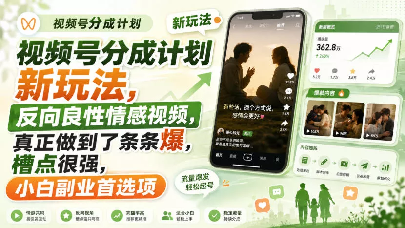 视频号分成计划新玩法，反向良性情感视频，真正做到了条条爆，槽点很强，小白副业首选项-易创网