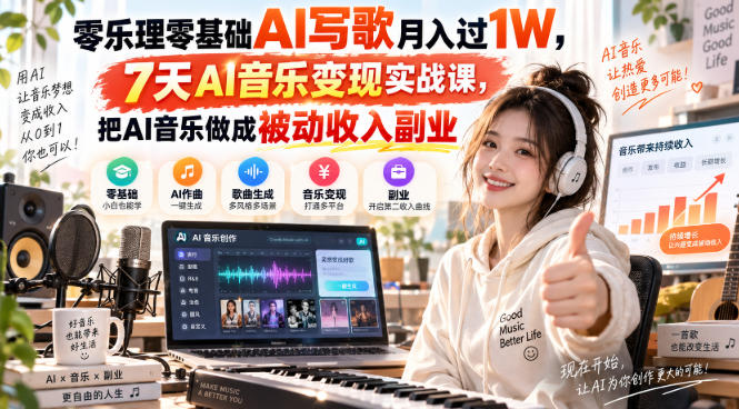 零乐理零基础AI写歌月入过1W，7天AI音乐变现实战课，把AI音乐做成被动收入副业-易创网