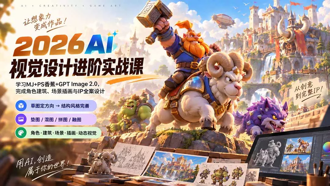 2026AI视觉设计进阶实战课-更新1007：学习MJ+PS香蕉+GPT Image 2.0，完成角色建筑、场景插画与IP全案设计-易创网