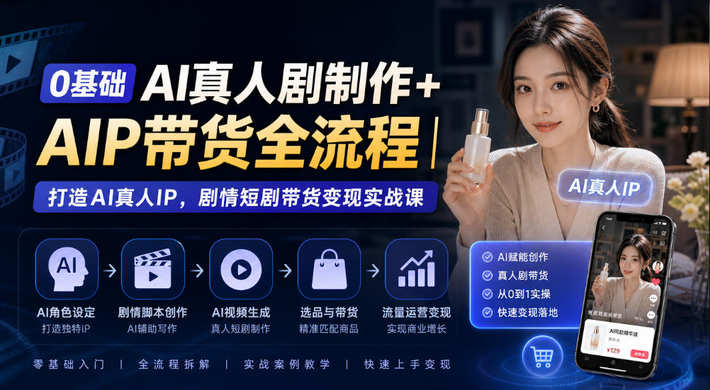 0基础AI真人剧制作+AIP带货全流程｜打造AI真人IP，剧情短剧带货变现实战课-易创网