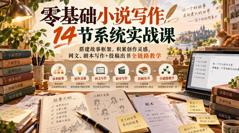 零基础小说写作14节系统实战课，搭建故事框架，积累创作灵感，网文、剧本写作+投稿出书全链路教学-易创网
