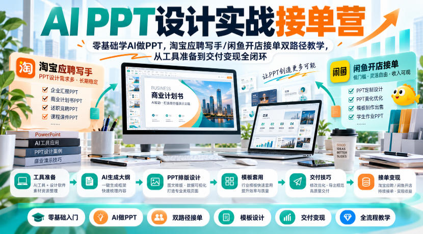 AI PPT设计实战接单营｜零基础学AI做PPT，淘宝应聘写手/闲鱼开店接单双路径教学，从工具准备到交付变现全闭环-易创网