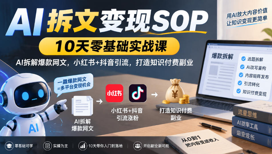 AI拆文变现SOP｜10天零基础实战课，AI拆解爆款网文，小红书+抖音引流，打造知识付费副业-易创网