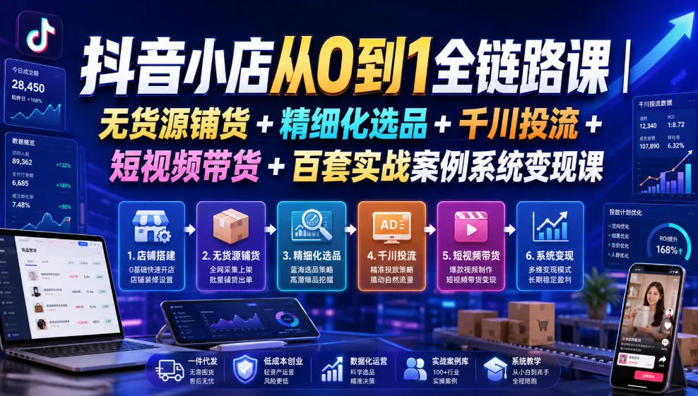 抖音小店从0到1全链路课｜无货源铺货+精细化选品+千川投流+短视频带货+百套实战案例系统变现课(2026年7月更新)-易创网