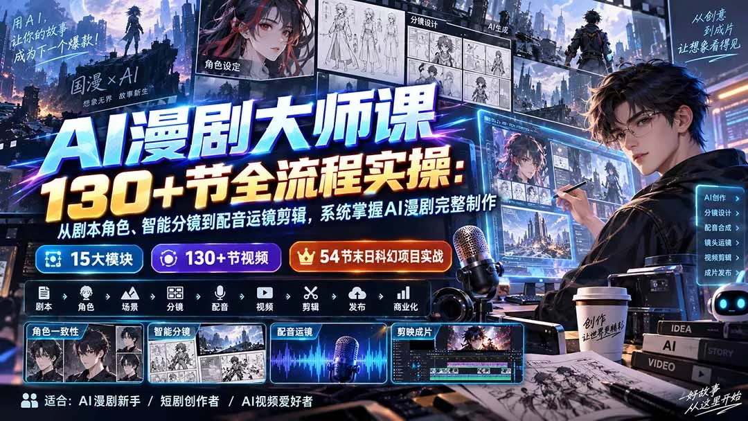 AI漫剧大师课130+节全流程实操：从剧本角色、智能分镜到配音运镜剪辑，系统掌握AI漫剧完整制作-易创网