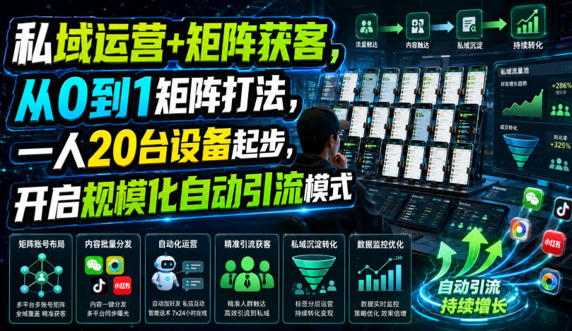 私域运营+矩阵获客，从0到1矩阵打法，一人20台设备起步，开启规模化自动引流模式！-易创网