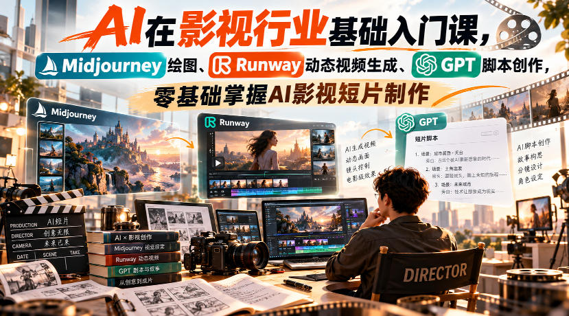 【无水印】AI在影视行业基础入门课，Midjourney绘图、Runway动态视频生成、GPT脚本创作，零基础掌握AI影视短片制作-易创网
