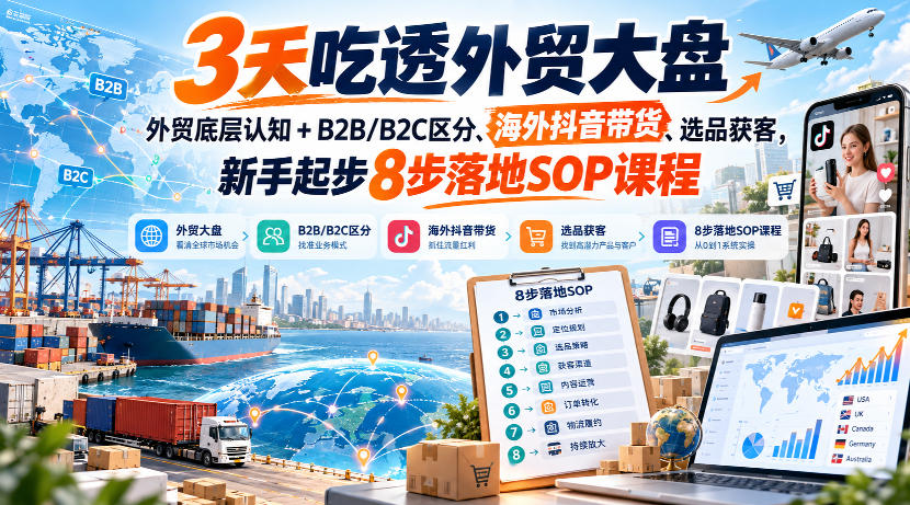 3天吃透外贸大盘，外贸底层认知+B2B/B2C区分、海外抖音带货、选品获客，新手起步8步落地SOP课程-易创网