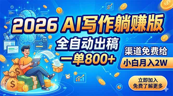（18885期）2026 AI写作躺赚版：全自动出稿，一单800+，渠道免费给，小白月入2W-易创网