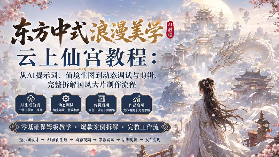 东方中式浪漫美学云上仙宫教程:从AI提示词、仙境生图到动态调试与剪辑,完整拆解国风大片制作流程 东方中式浪漫美学云上仙宫教程:从AI提示词、仙境生图到动态调试与剪辑,完整拆解国风大片制作流程