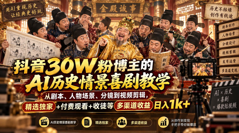 抖音30W粉博主的AI历史情景喜剧教学，从剧本、人物场景、分镜到视频剪辑，精选独家+付费观看+收徒等多渠道收益日入1k+-易创网