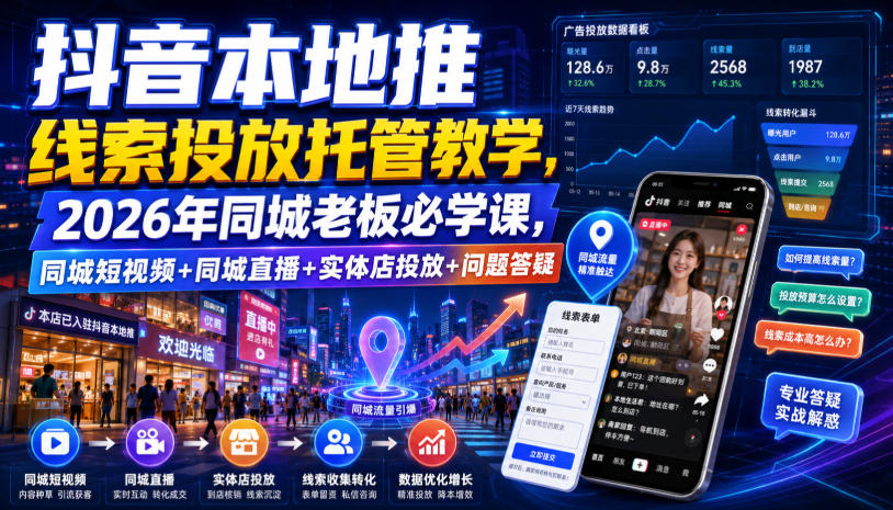 抖音本地推线索投放托管教学，2026年同城老板必学课，同城短视频+同城直播+实体店投放+问题答疑-易创网