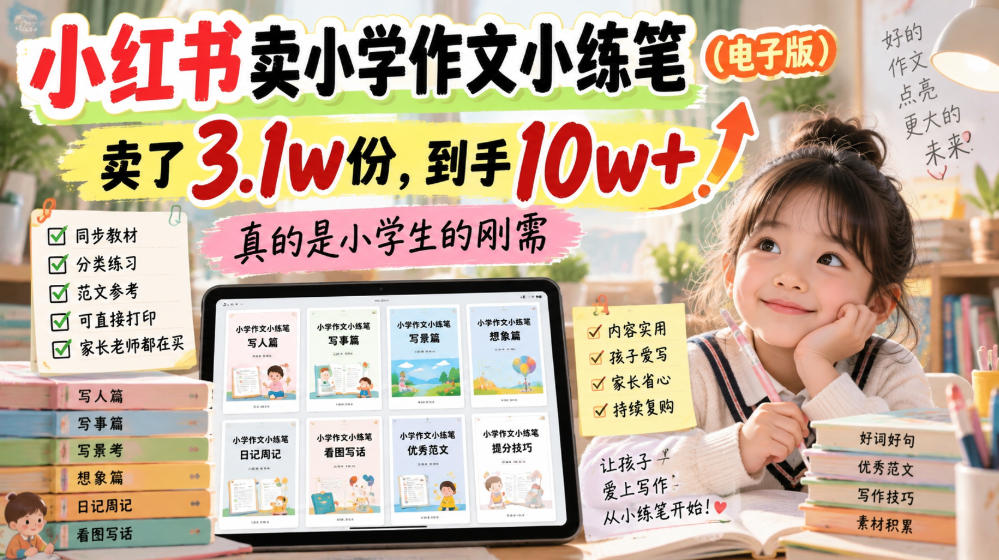 小红书卖小学作文小练笔（电子版），卖了3.1w份，到手10w+，真的是小学生的刚需-易创网