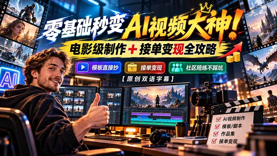 零基础秒变AI视频大神！电影级制作 + 接单变现全攻略，模板直接抄，社区陪练不踩坑【原创双语字幕】-易创网