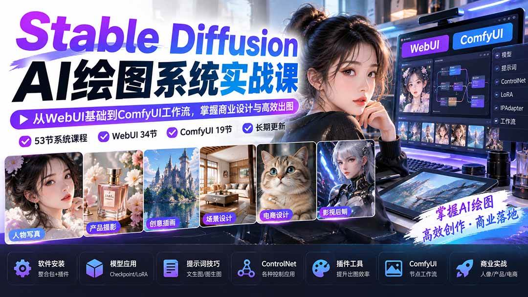 （20678期）Stable Diffusion AI绘图系统实战课：从WebUI基础到ComfyUI工作流，掌握商业设计与高效出图-易创网
