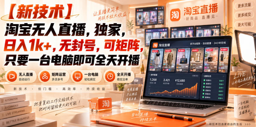 【独家新技术】淘宝无人直播，日入1k+，无封号，可矩阵，只要一台电脑即可全天开播【揭秘】-易创网