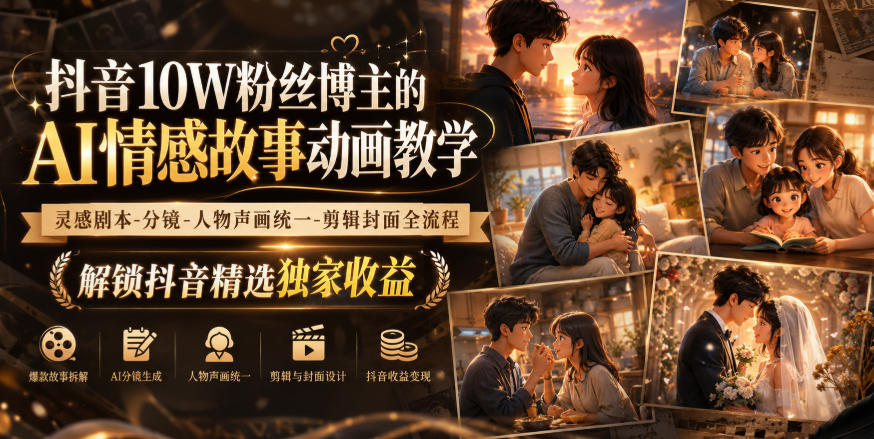 抖音10W粉丝博主的AI情感故事动画教学，灵感剧本‑分镜‑人物声画统一‑剪辑封面全流程，解锁抖音精选独家收益-易创网