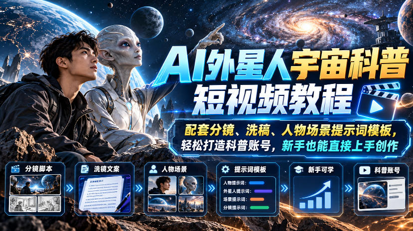 AI外星人宇宙科普短视频教程，配套分镜、洗稿、人物场景提示词模板，轻松打造科普账号，新手也能直接上手创作-易创网