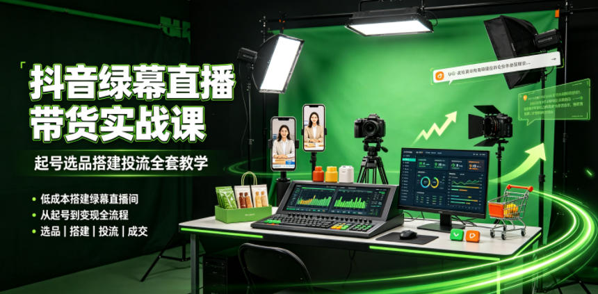 某社群抖音绿幕直播带货实战课，起号选品搭建投流全套教学，低成本搭建绿幕直播间-易创网
