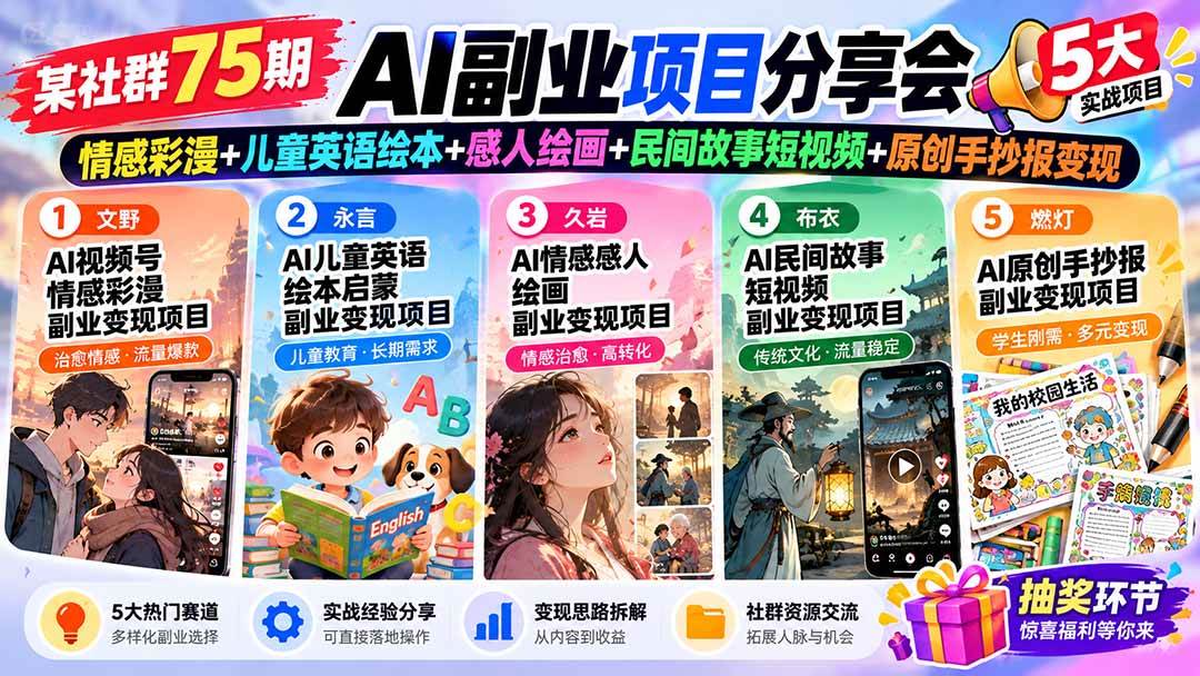 （20874期）某社群75期AI副业项目分享会：情感彩漫+儿童英语绘本+感人绘画+民间故事短视频+原创手抄报变现-易创网