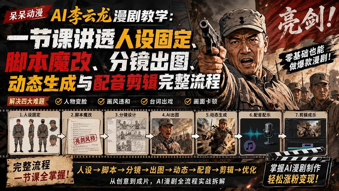（20107期）呆呆动漫AI李云龙漫剧教学：一节课讲透人设固定、脚本魔改、分镜出图、动态生成与配音剪辑完整流程-易创网