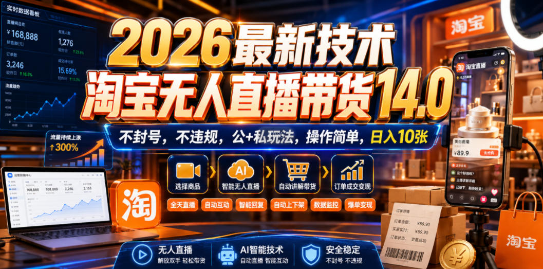 2026最新技术，淘宝无人直播带货14.0，不封号，不违规，公+私玩法，操作简单，日入10张【揭秘】-易创网