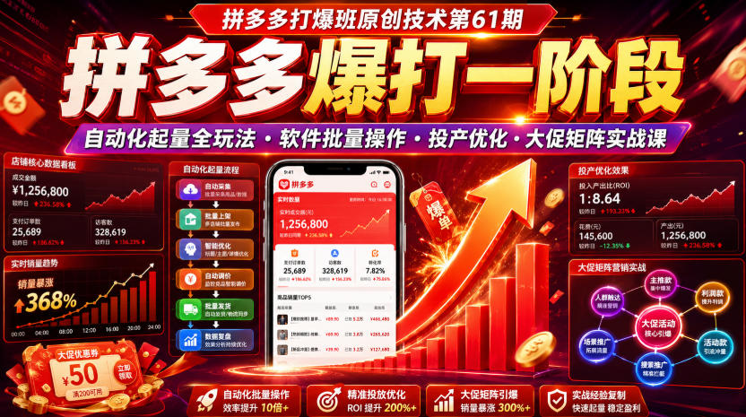 拼多多打爆班原创技术第61期，拼多多爆打一阶段，自动化起量全玩法・软件批量操作・投产优化・大促矩阵实战课-易创网